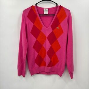 Lacoste 42 V-Neck Sweater  Pink Argyle Cotton Blend Pullover France M/L